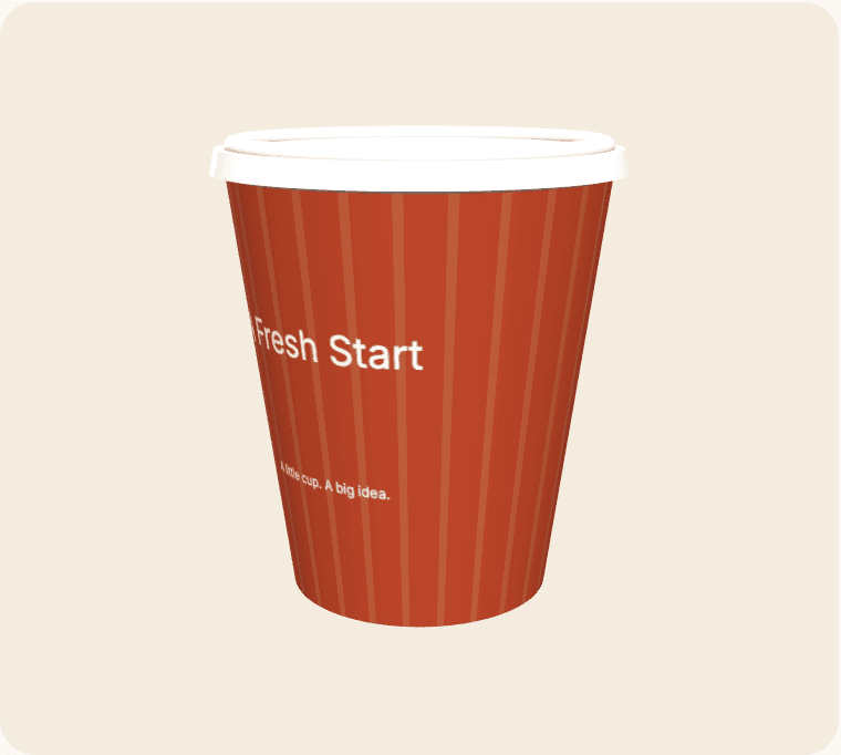 A Fresh Start artwork wrapped around a 3D coffee cup